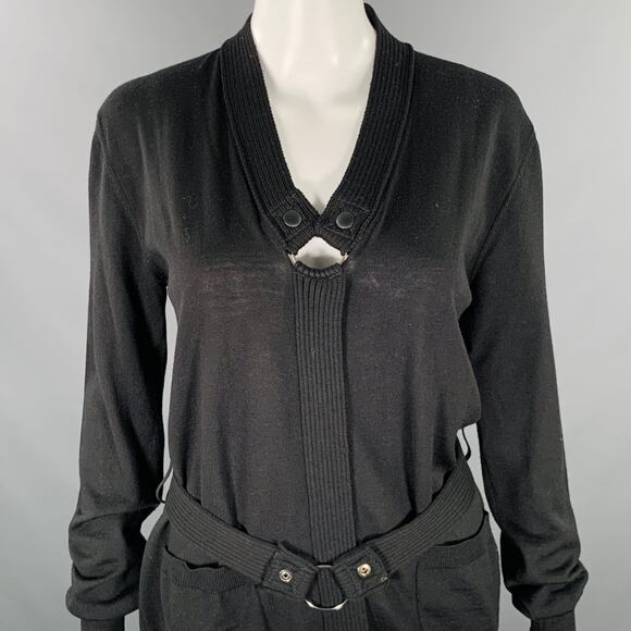 JEAN PAUL GAULTIER Size M Black Knit V-Neck Belted Pullover - Picture 2 of 5